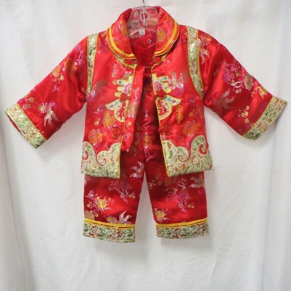 Chinese New Year Tang Suit Red Brocade 2pc Outfit Jacket Pants XL US Toddler 4T - Picture 7 of 7
